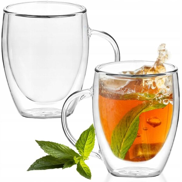 2x TASSE EN VERRE THERMIQUE 300ml AVEC POIGNEE DOUBLE BOUTON POUR CAFÉ LATTE