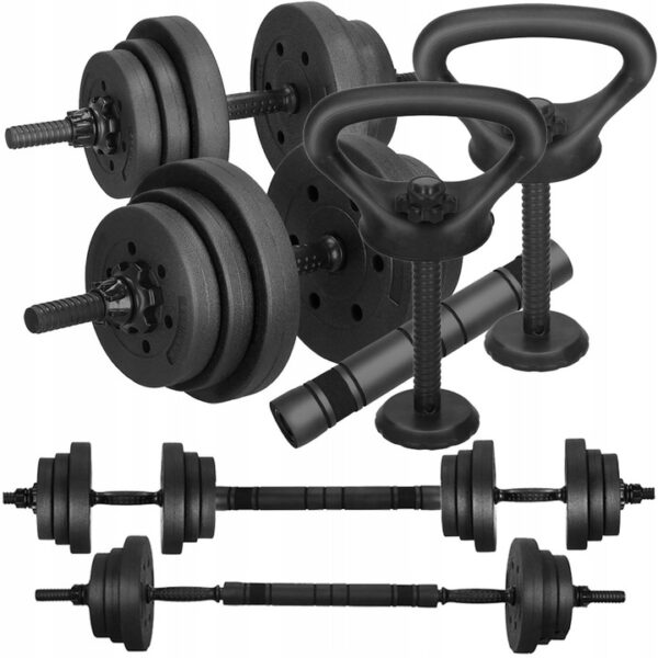 Nastavitelné bitumenové činky, sada činek na cvičení 2x10kg tyč + 20kg kettlebell