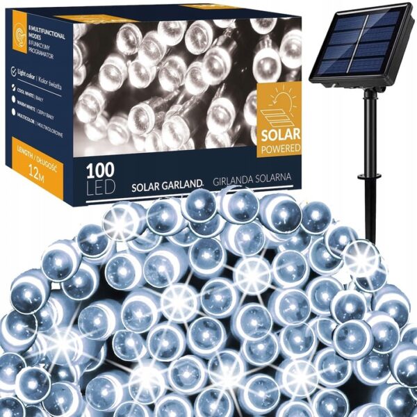 SOLAR GARLAND LAMPS 100 LED GARDEN solar 12m COOL WHITE
