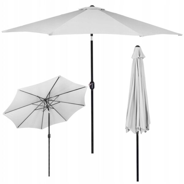 VEĽKÝ SOLIDNÝ ŠEDÝ SILNÝ ZÁHRADNÝ UMBRELLA, SKLADACÍ, 300 cm S DREVOM